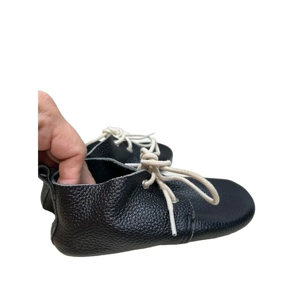Kids Monkey Feet Sz. 7 Black Lace UP Moccasin‎ Leather Shoes